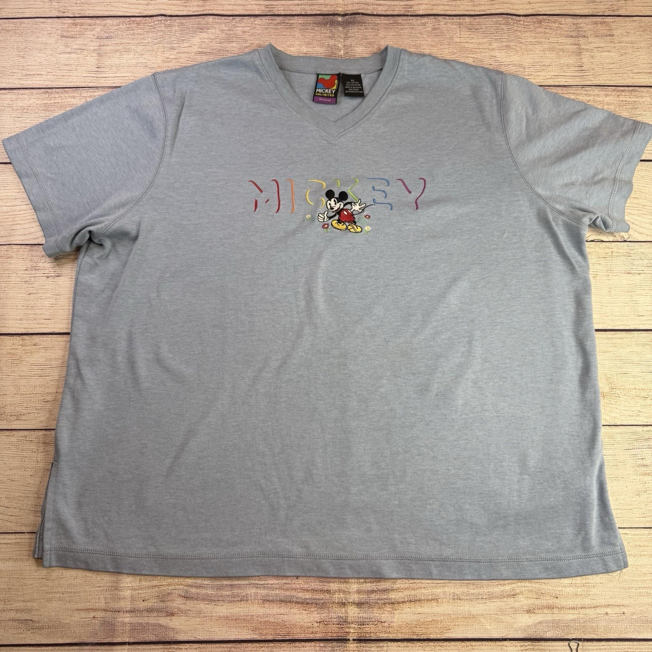 Vintage Mickey Mouse Women's 2X Rainbow Embroidered Tee Light Blue