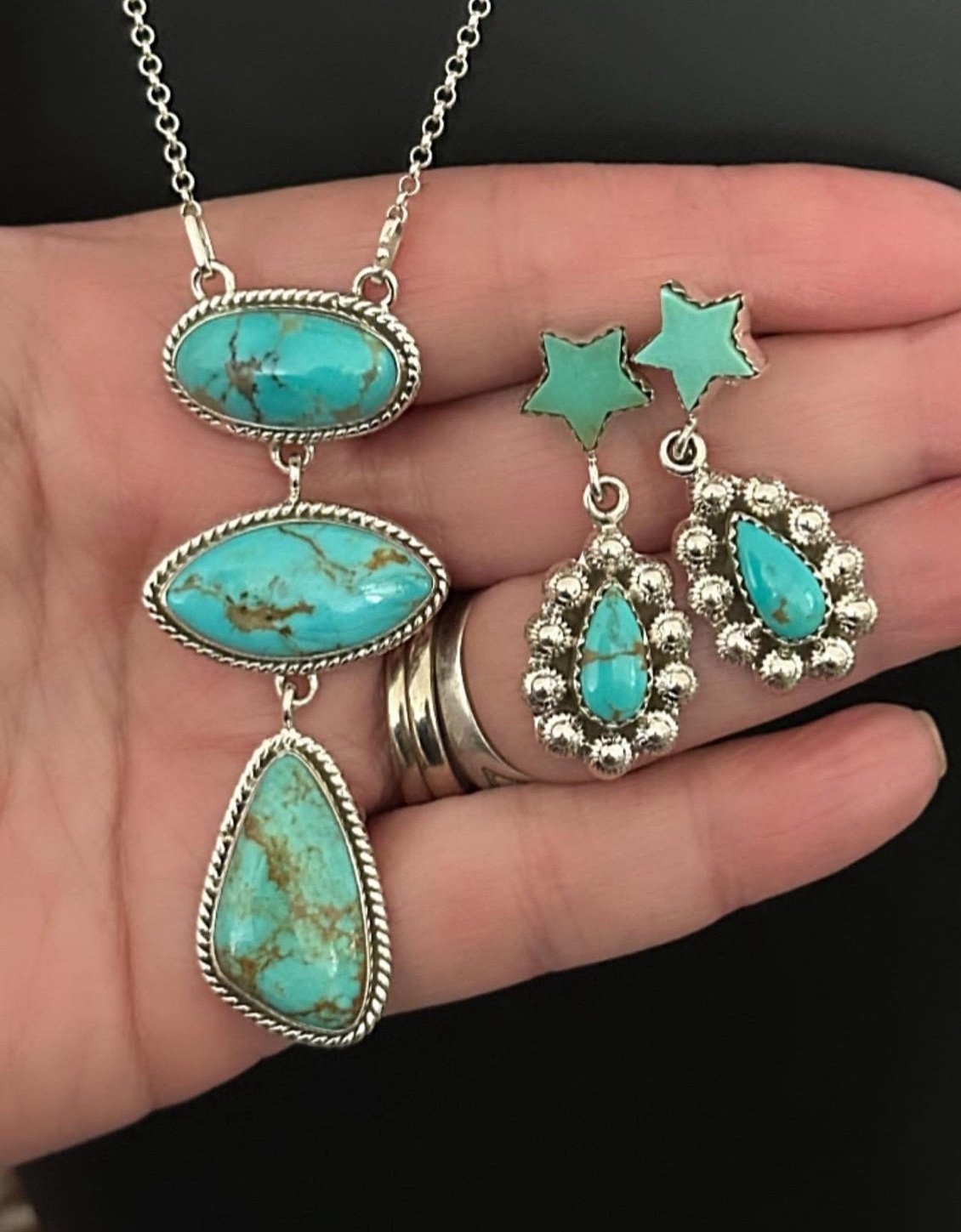 Turquoise lariat necklace earrings southwestern sterling set