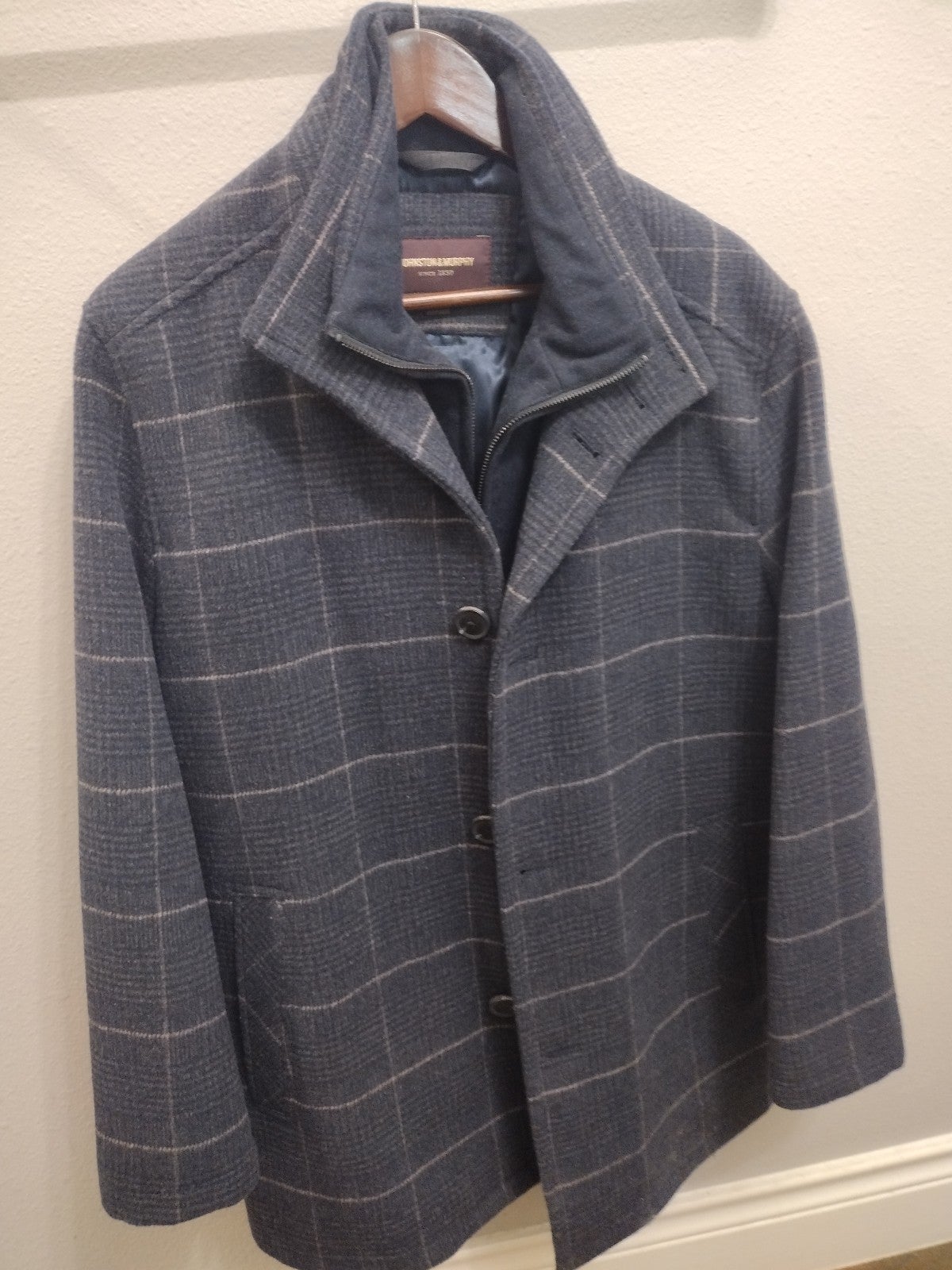 Navy blue tan striped heavy pea coat