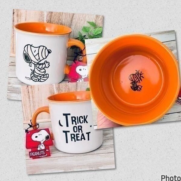 NWT Gorgeous Peanuts Mummy Snoopy & Woodstock Halloween Orange White Jumbo Mug