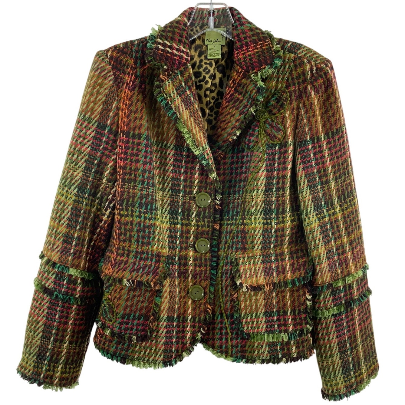 Tres Jolie Multicolor Tweed Y2K Acrylic Wool Blend Blazer Jacket Women’s Size 4