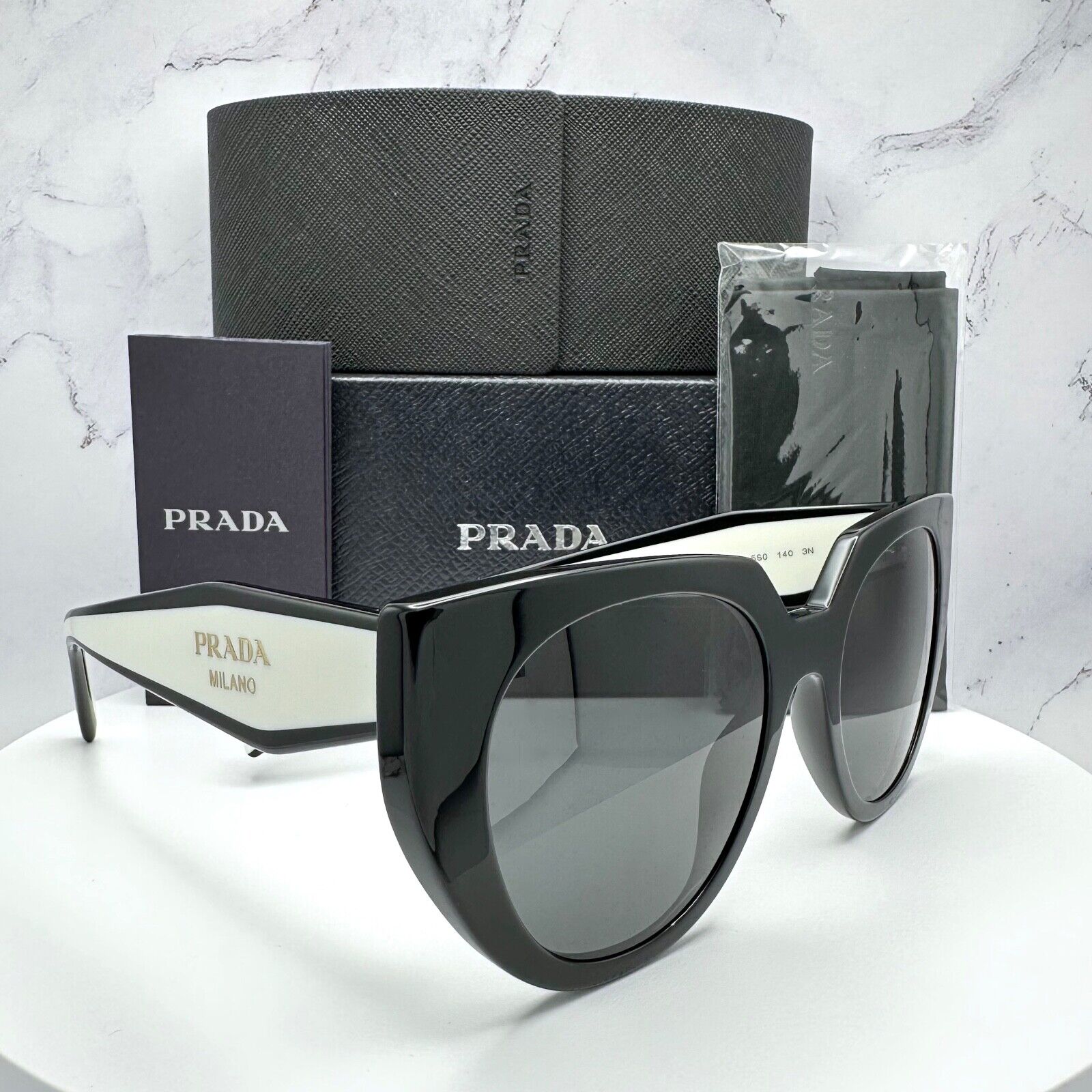New PRADA Sunglasses Symbole Logo Black & White Gold Metallic Logo Authentic