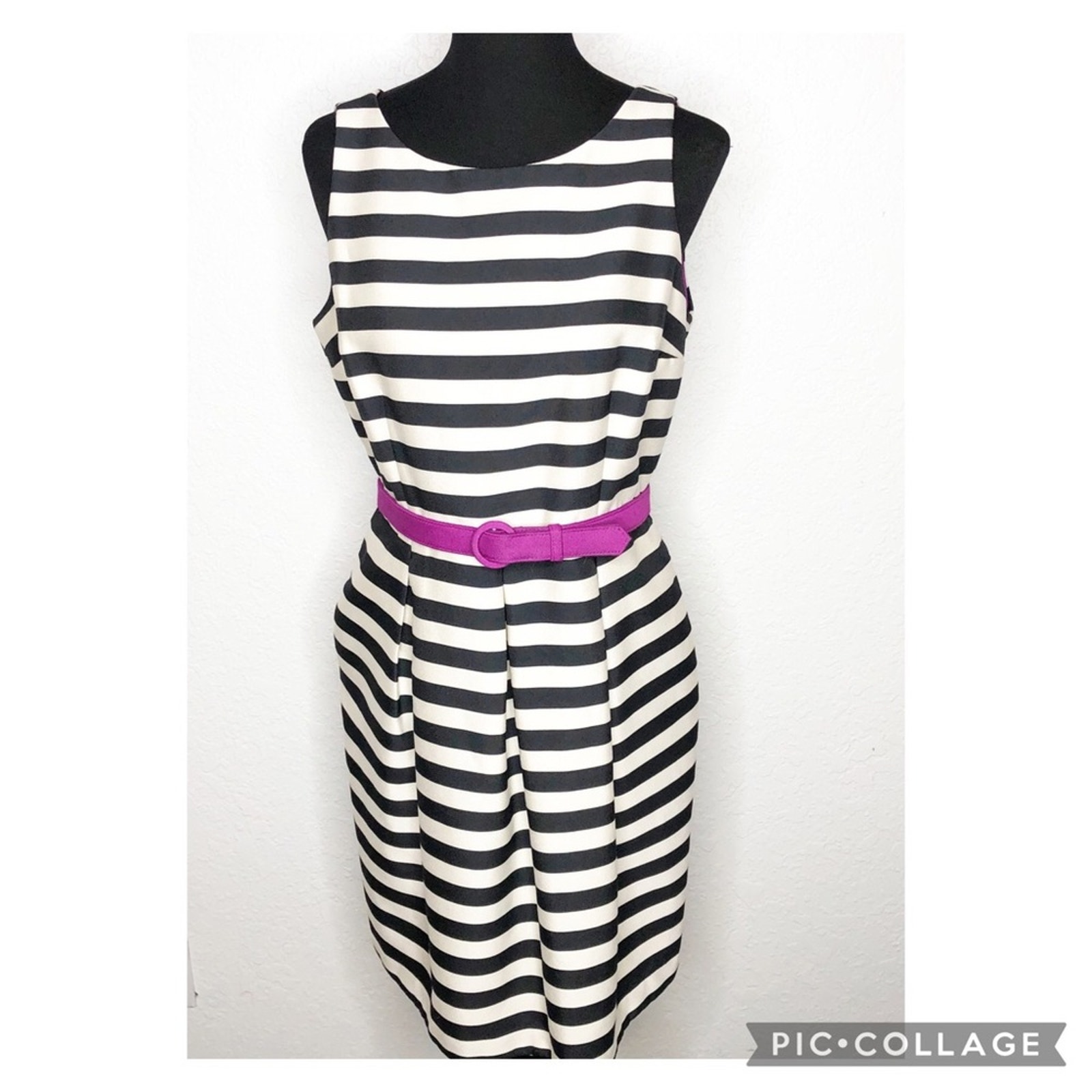 WHBM black cream ivory striped purple belted sleeveless dress size 12