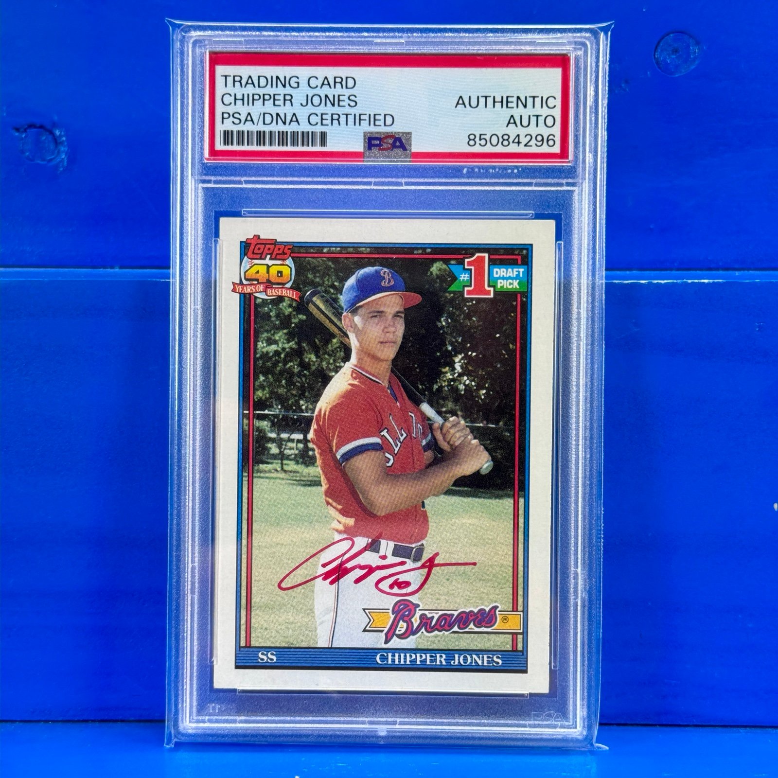 CHIPPER JONES 1991 Topps Rookie Card RC Autograph PSA Slab Braves HOF RED Auto