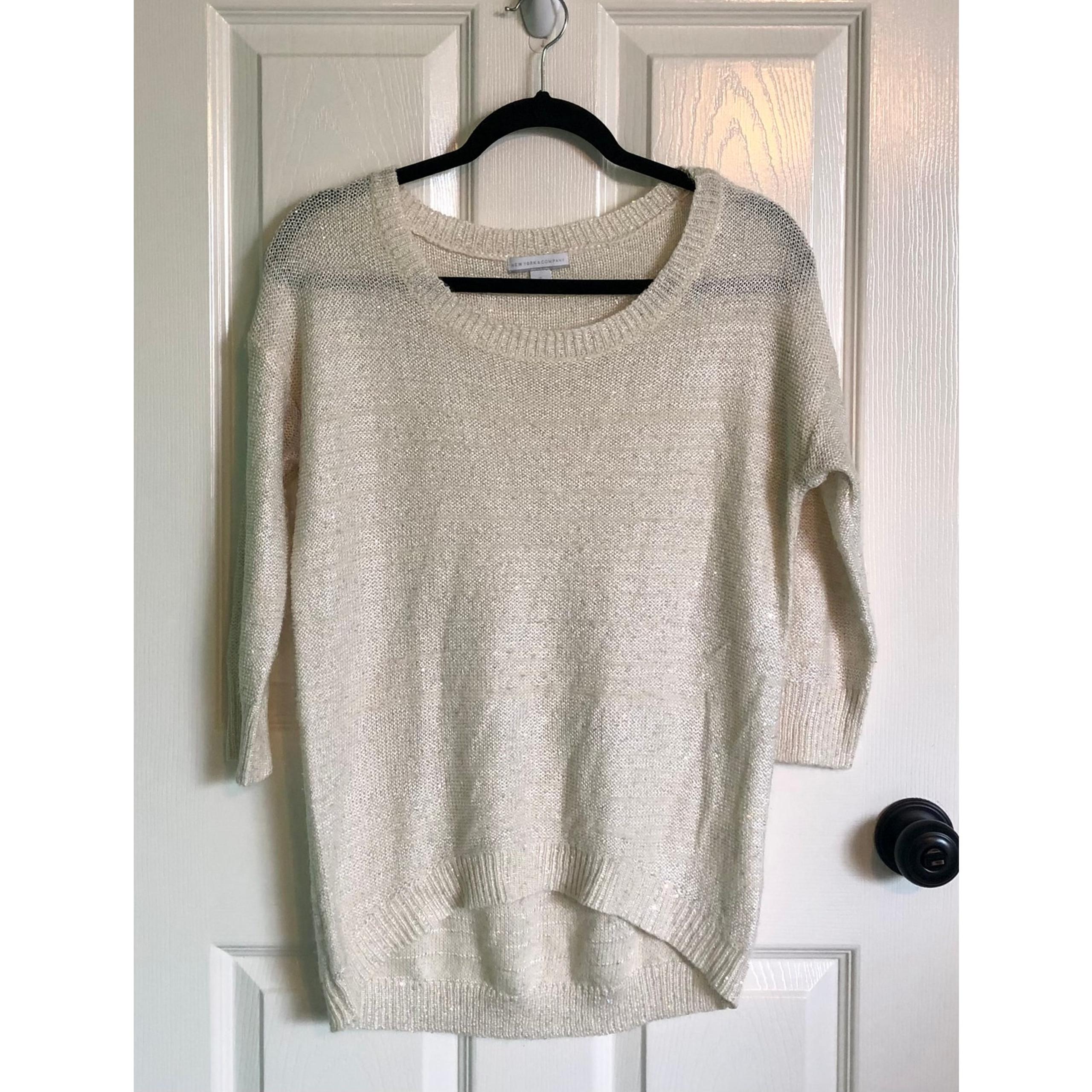 New York & Company Cream Lightly Striped 3/4 Sleeve Sequin Sweater - Medium