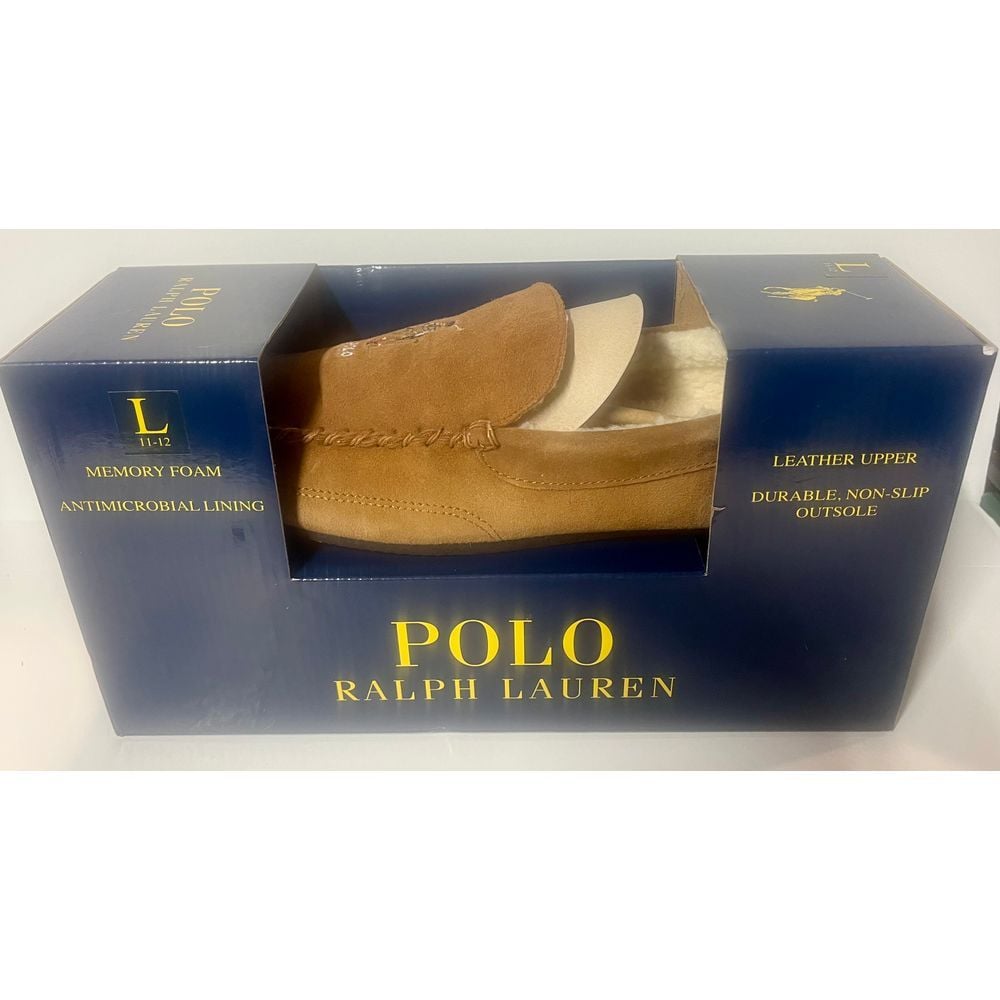 Polo Ralph Lauren Tan Suede Polo Player moccasin slippers men's size 9–10 NWT