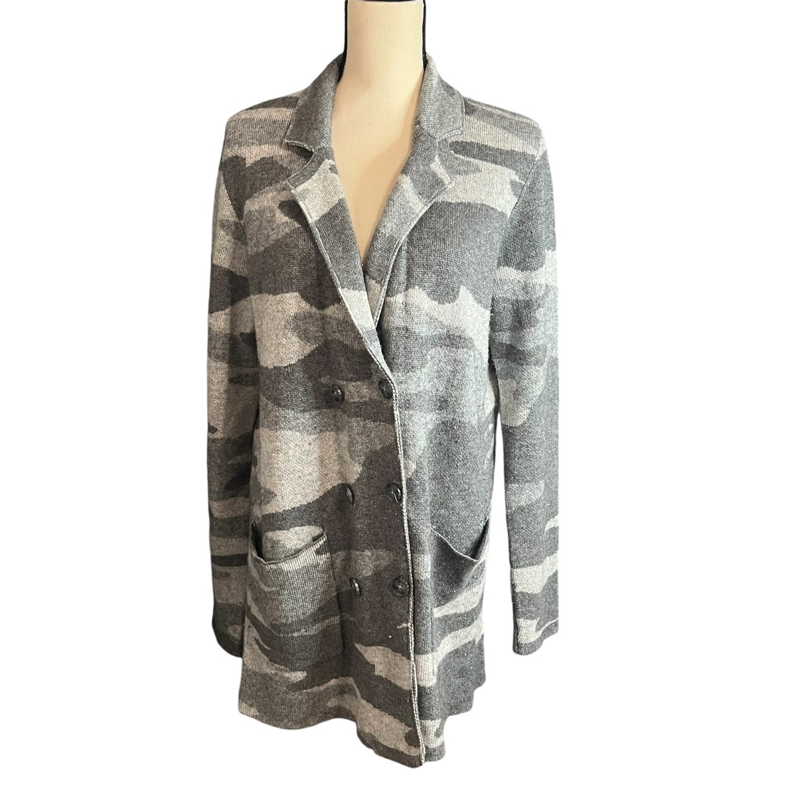 Splendid Collection Wool Cashmere Blend Gray Camo Double Breast Sweater Sz XS
