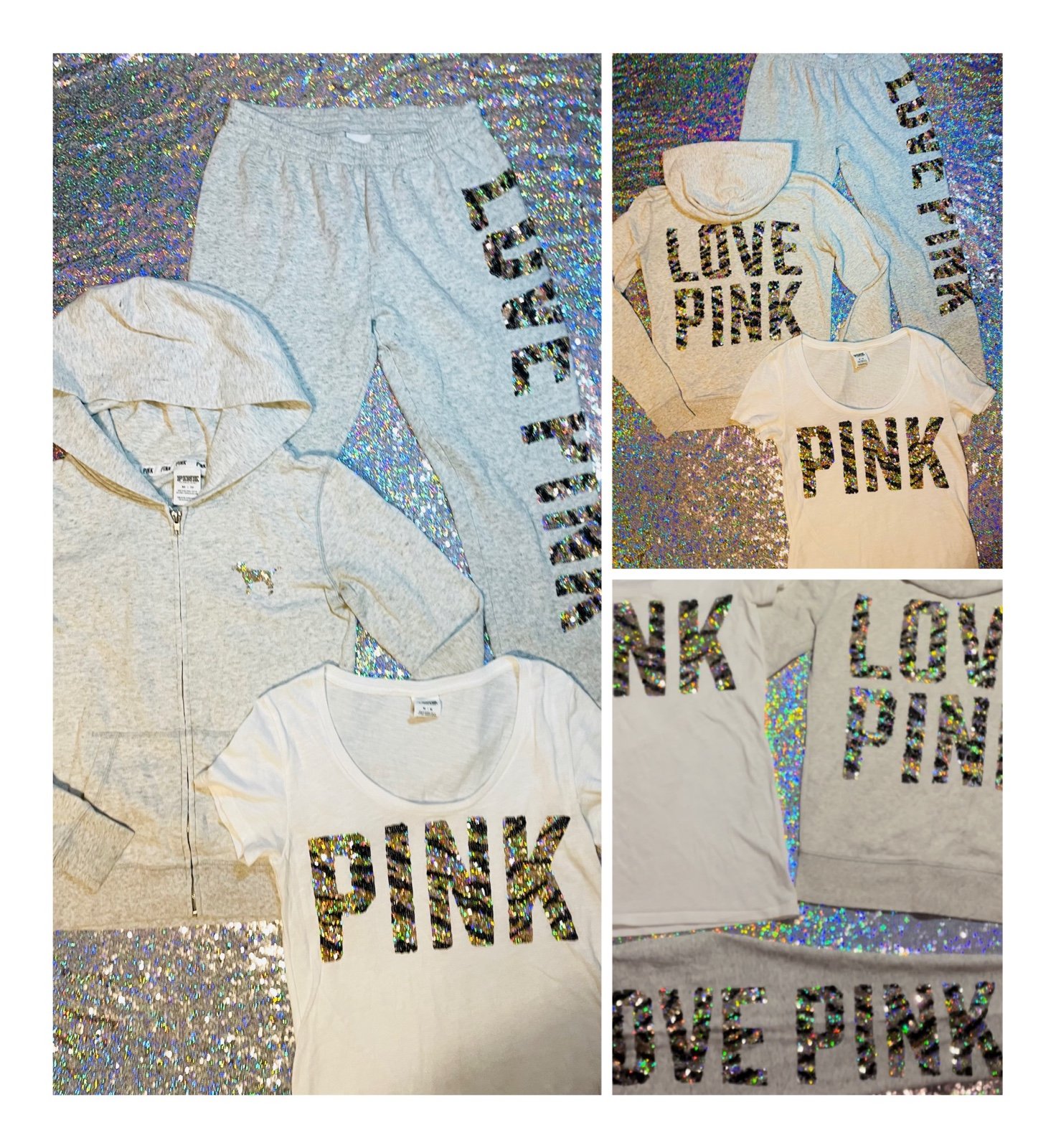 VS PINK holographic 3pc bling tiger zebra striped tee jogger pants zip hoodie