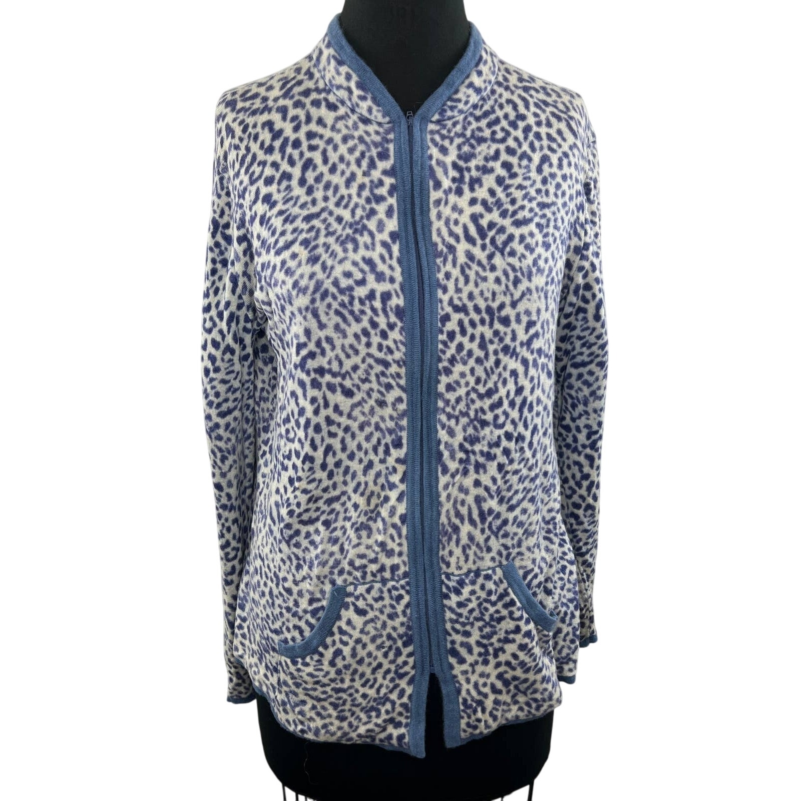 ST JOHN Blue White Leopard Animal Print Cashmere Full-Zip Sweater Cardigan FLAW