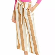 New J. Crew Tie Waist 100% Linen Wide Leg Beach Pant White Gold Stripe, Size 8