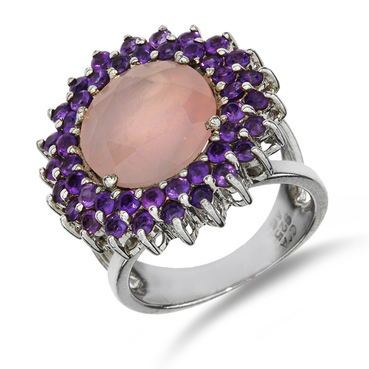 Sterling Silver Rose Quartz & Amethyst Double Halo Ring SR-2616
