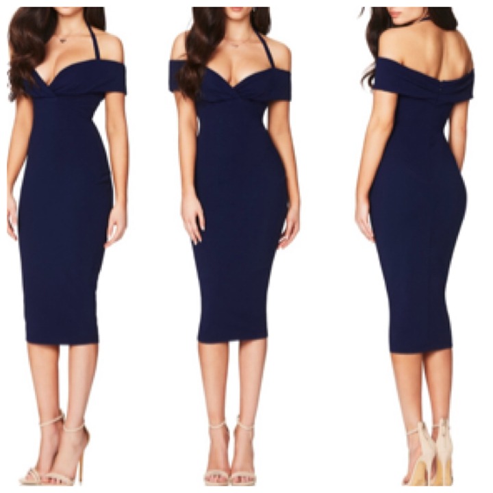 Nookie Athena Off Shoulder Halter Midi Dress Sz Xtra Small in Navy Blue