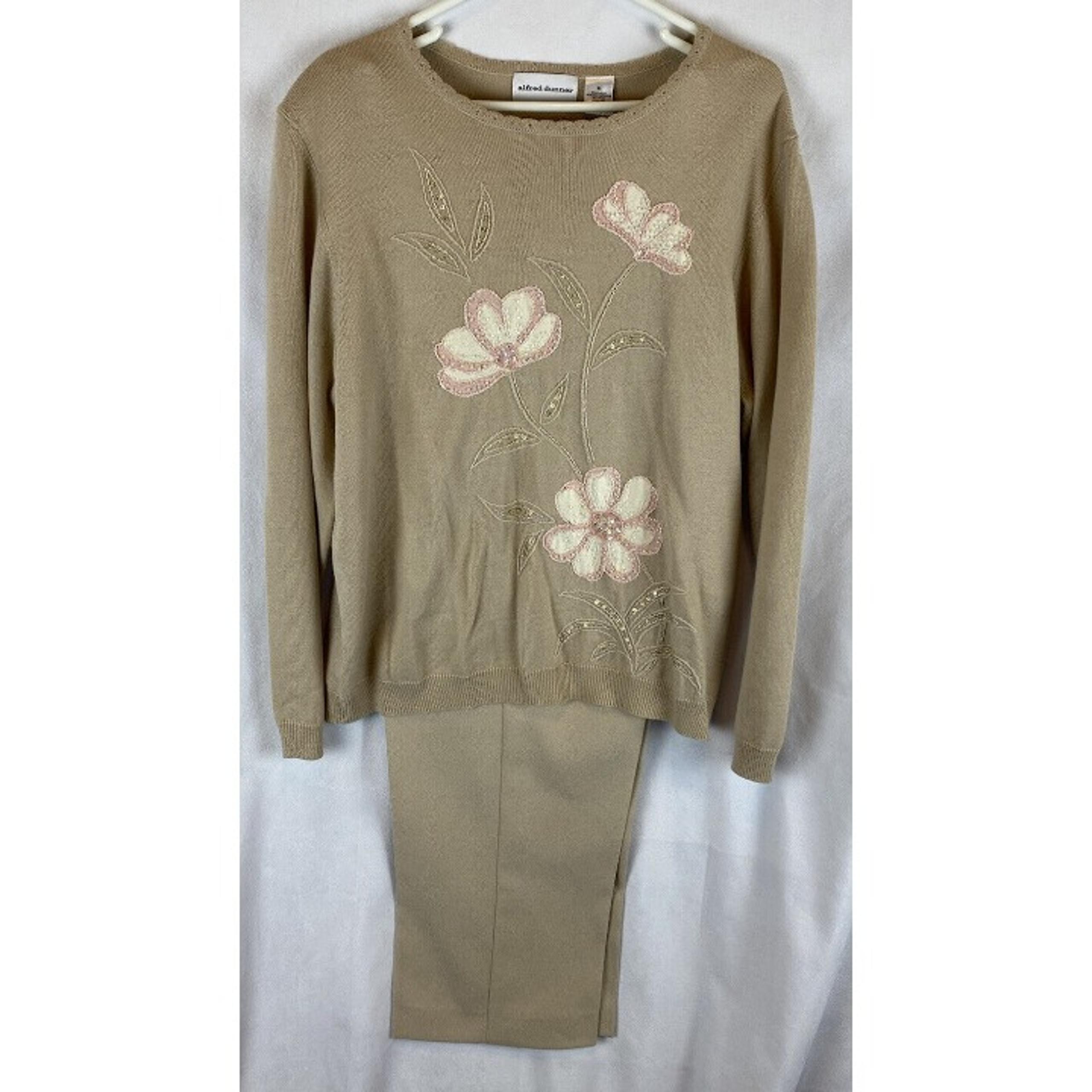 Alfred Dunner Size XL Beige Embroidered Beaded Sweater Wool Blend & Pants Suit