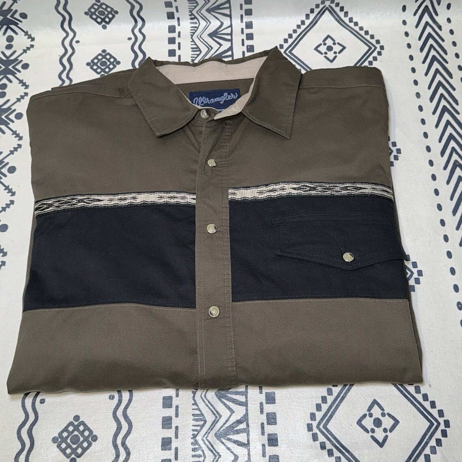 Vtg Wrangler Shirt Men Green ColorBlock Aztec Geometri Stripe Brush Popper XL