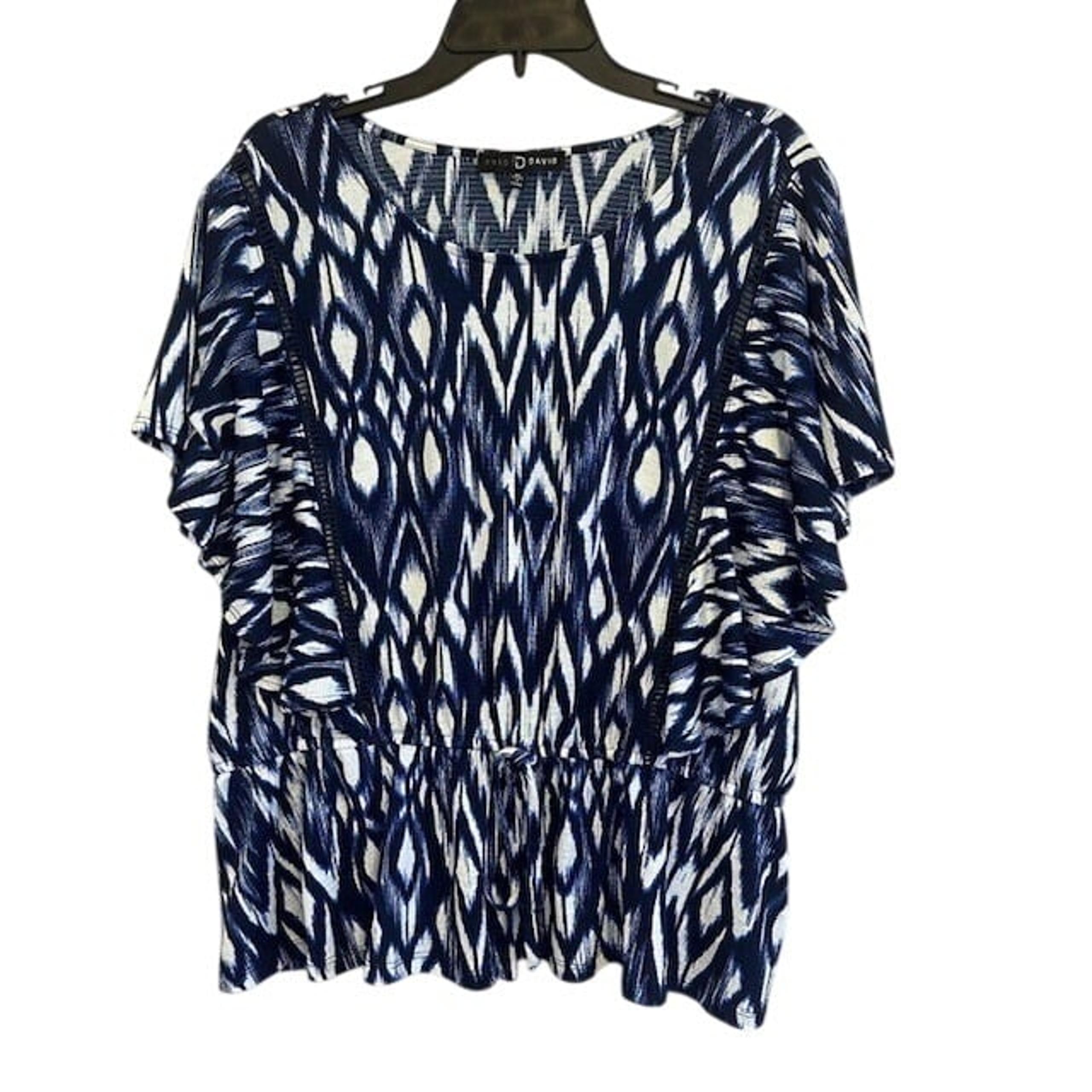 Fred David Women's Flutter Sleeve Black & Blue Geometric Print Blouse Size 3X