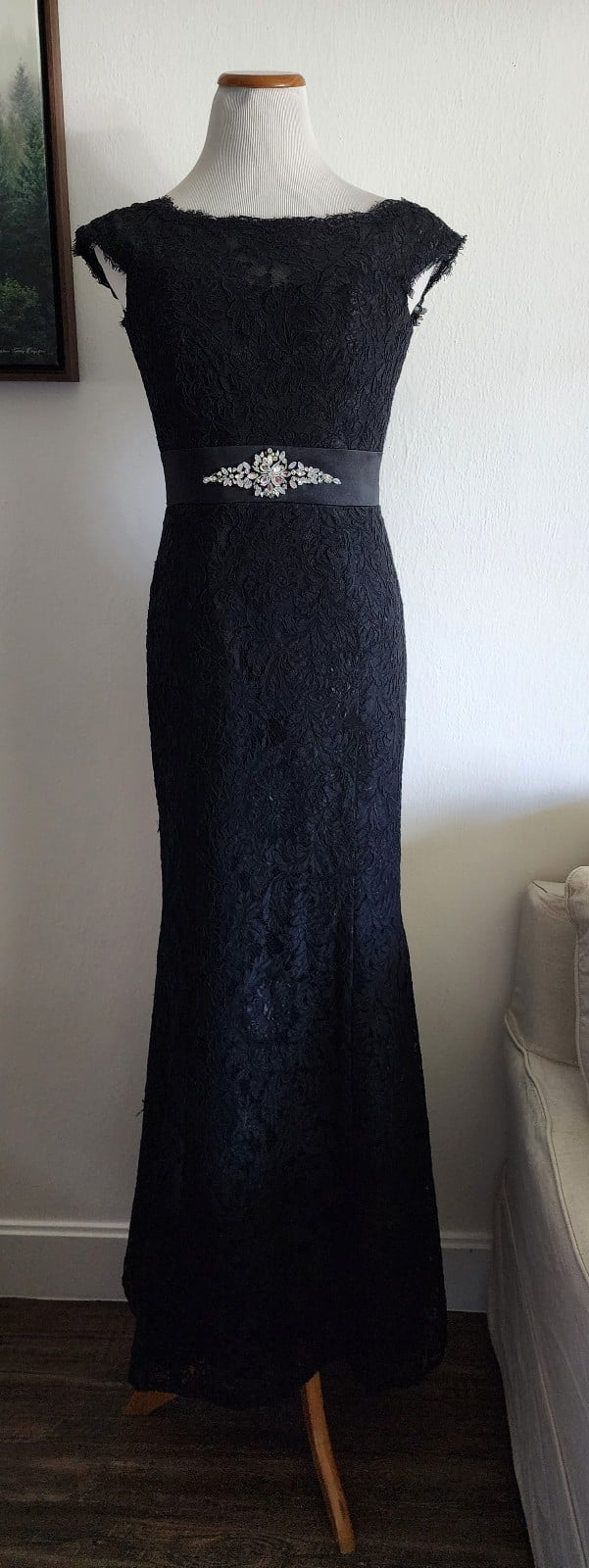 Vintage Caterina Collection Formal Wedding Black Lace Beaded Maxi Dress Size 2