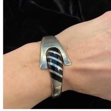 Vintage Modernist Solid Sterling Silver and Onyx Inlay Bracelet