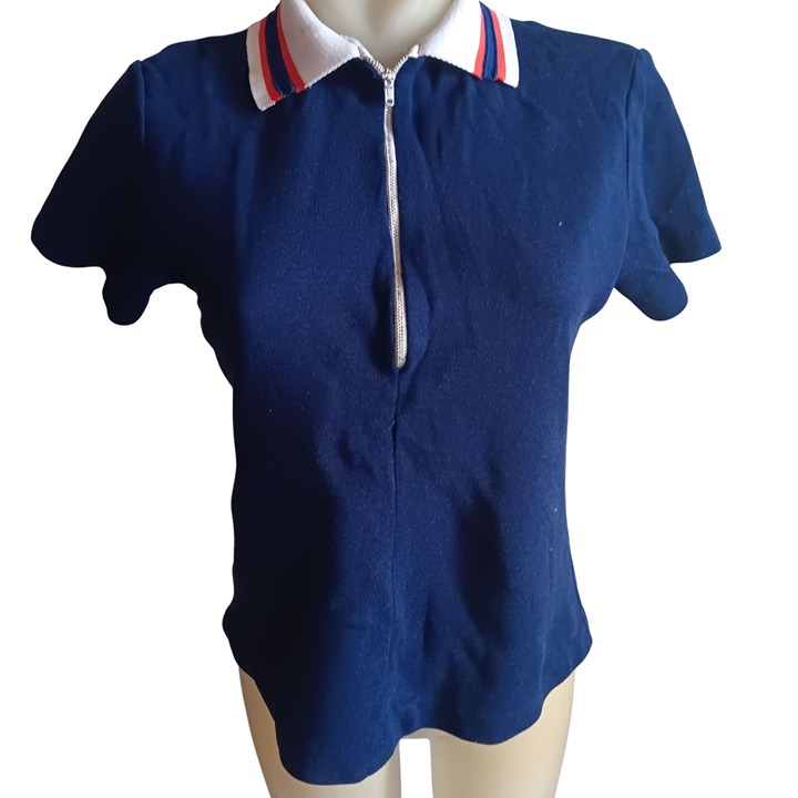 Women's Medium Vintage 70's 1/4 Zip Polo Top Shirt Sears Nylon Ringer Blue