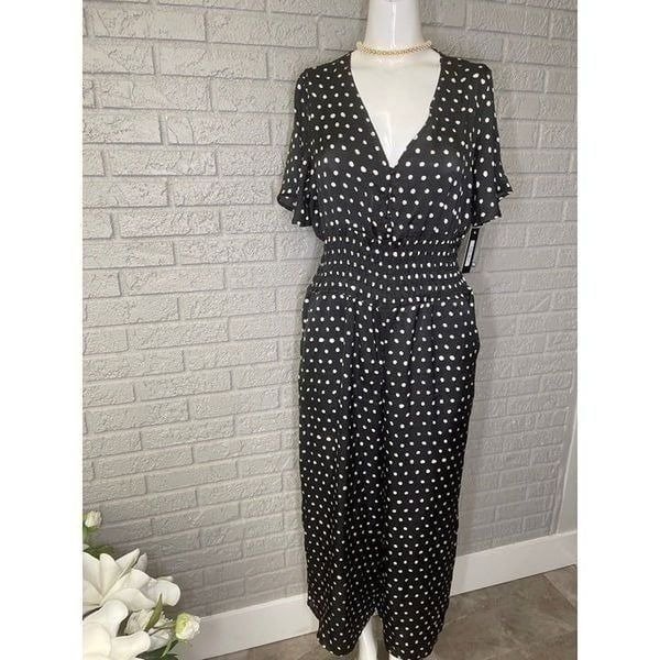 Lapis Black & White Polka Dot Wide Leg Jumpsuit Size M
