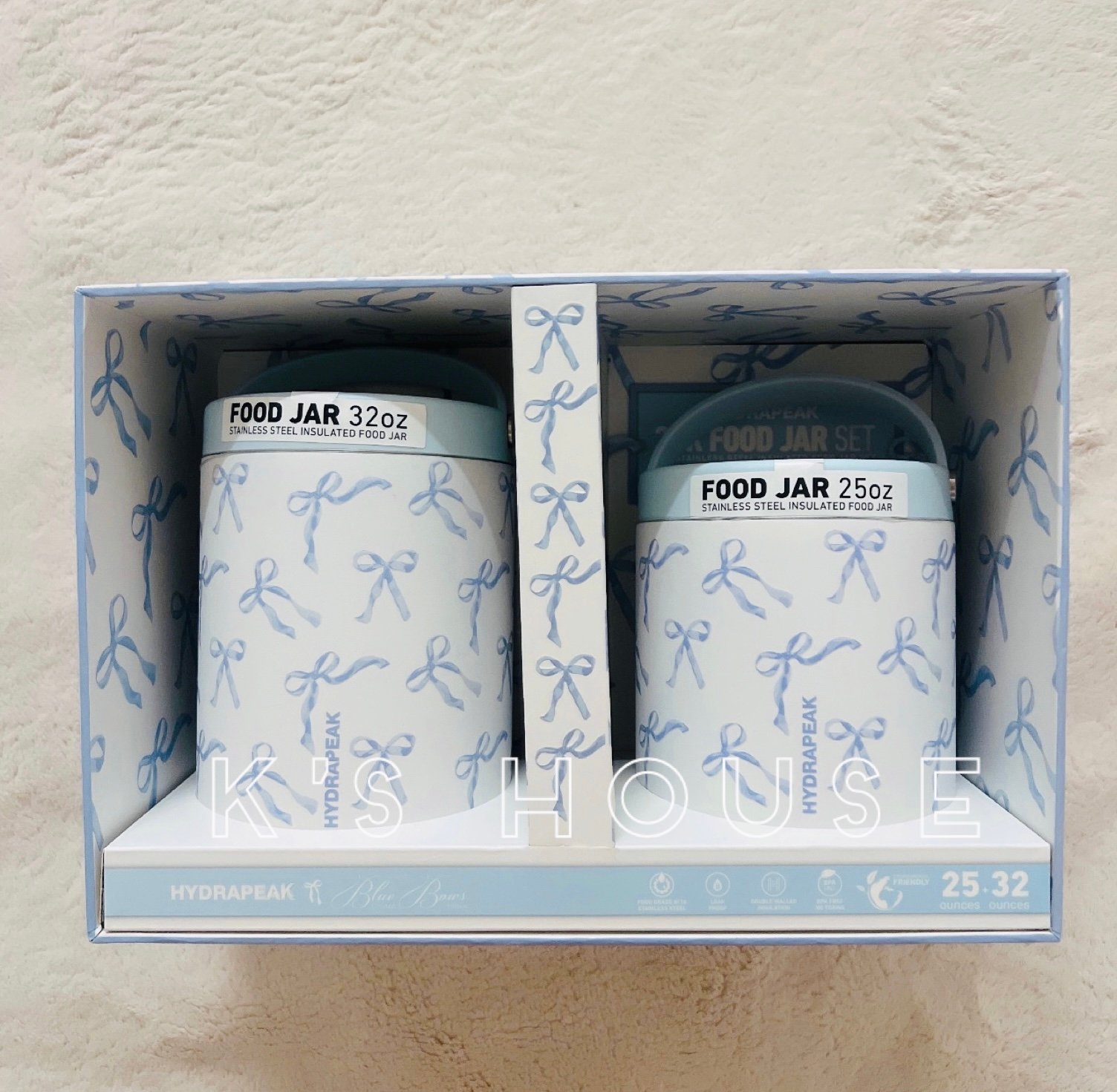 HYDRAPEAK Stainless Steel Blue Bows Food Jar Set - 32oz and 25oz Jar- New