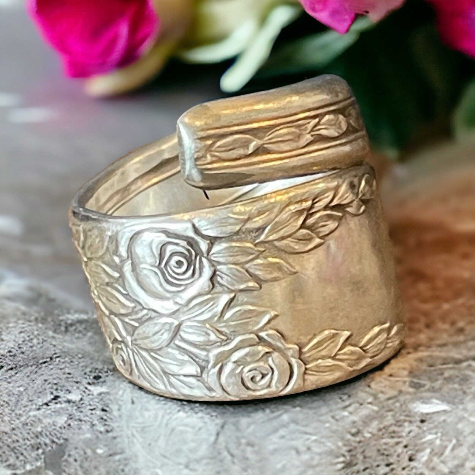 Vintage Silver Plated Rose Floral Design Large Band Spoon Ring 9.5/10 Unsigned