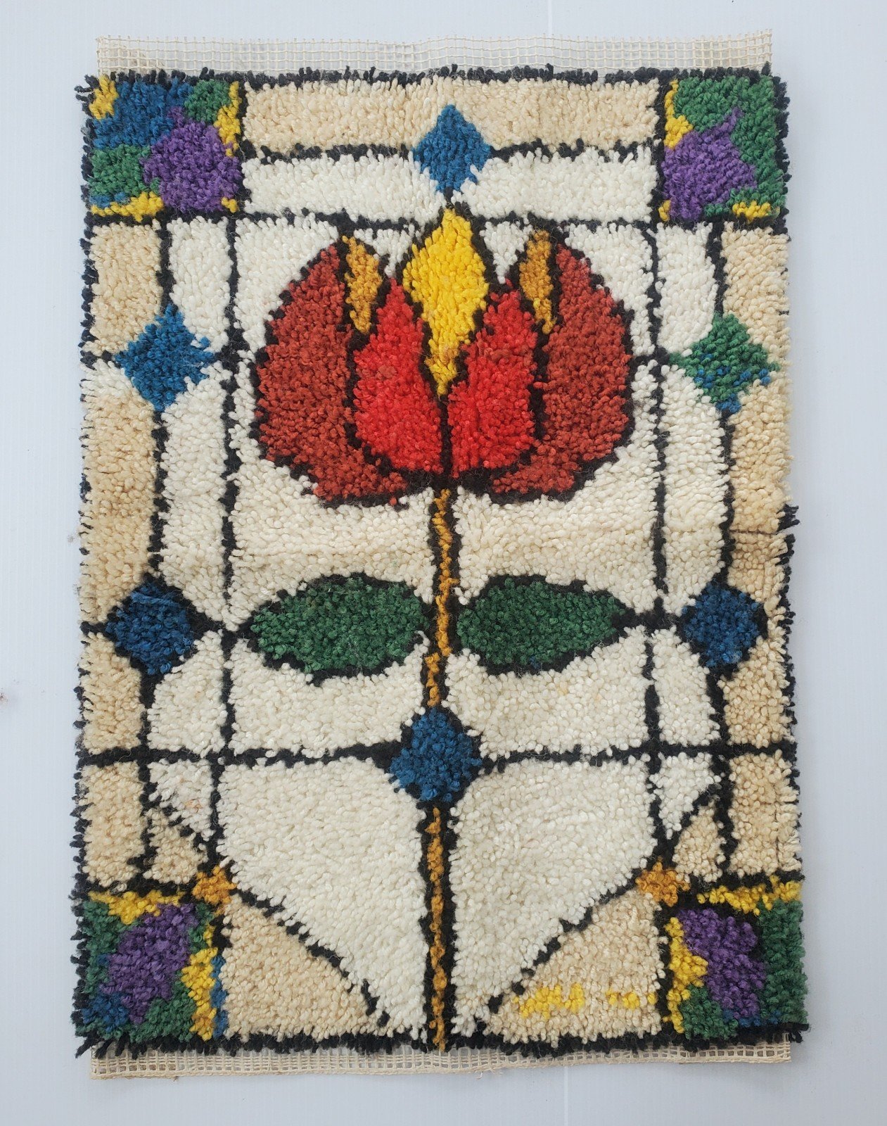 Handmade Completed Tulip Floral Stained Glass Look Latch Hook Wall Hanging Decor