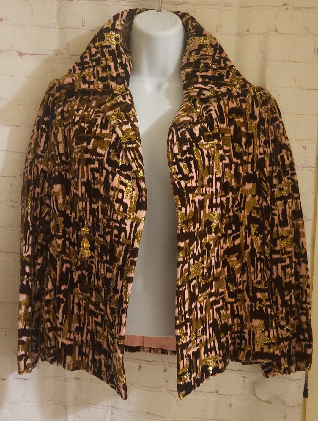 Vintage Mint Pink, Brown, & Gold Metallic Print Cropped Velvet Swing Jacket sz.S