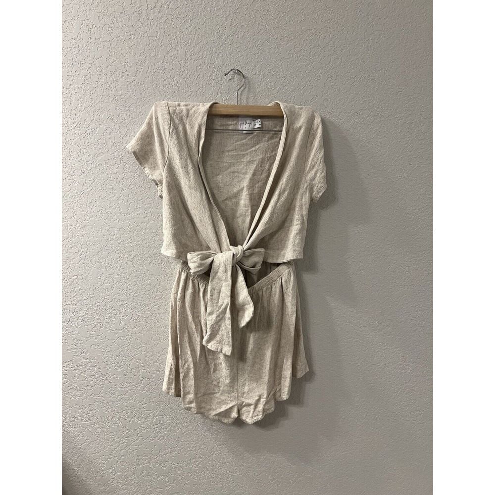 Princess Polly Tan Linen Blend Tie Front Romper One-Piece Size 4