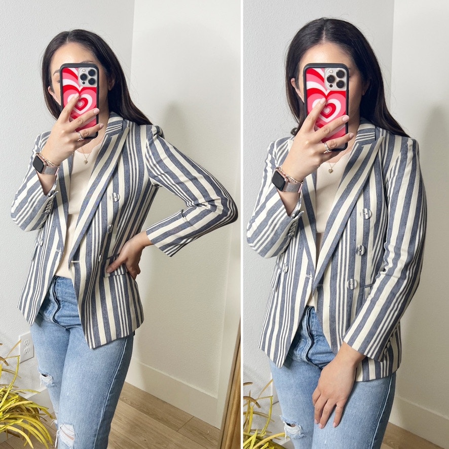 Veronica Beard Geneva White Blue Striped Fitted Double Breasted Blazer US 0