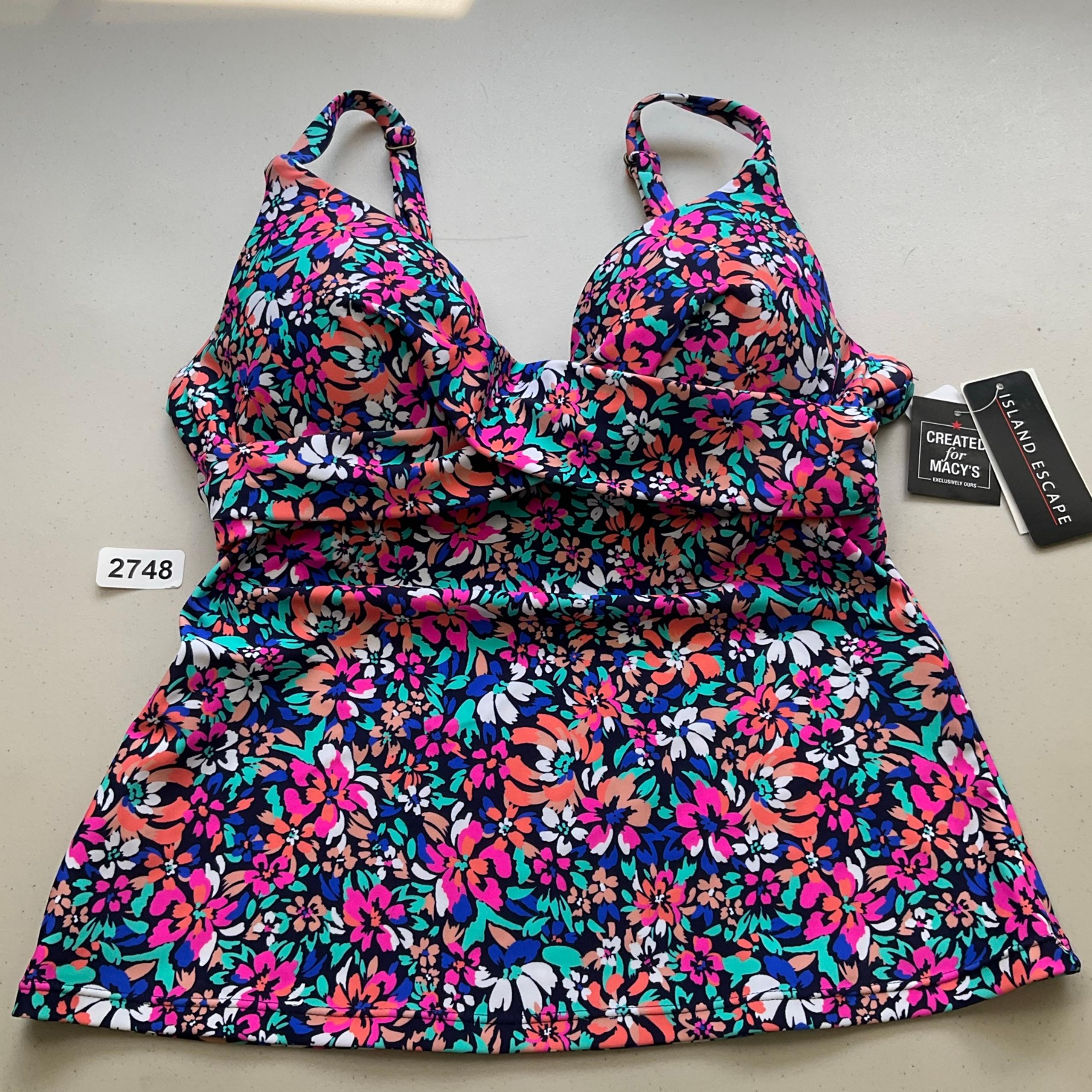Island Escape Floral Full Bust Support Underwire Push-Up Tankini Top Navy Pink 6