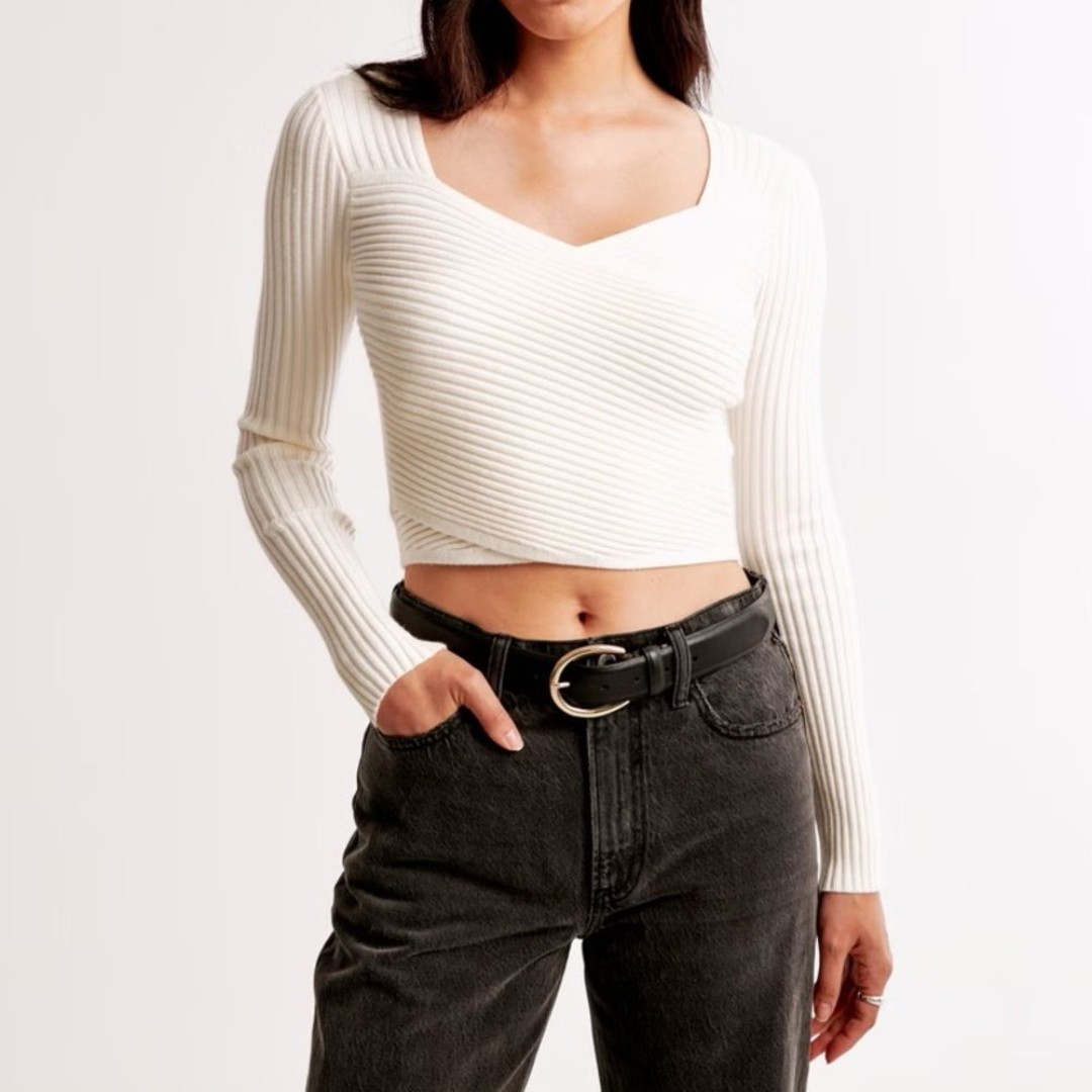 A&F New Size S White Ribbed Slim Long Sleeve Wrap Knit Sweater Top