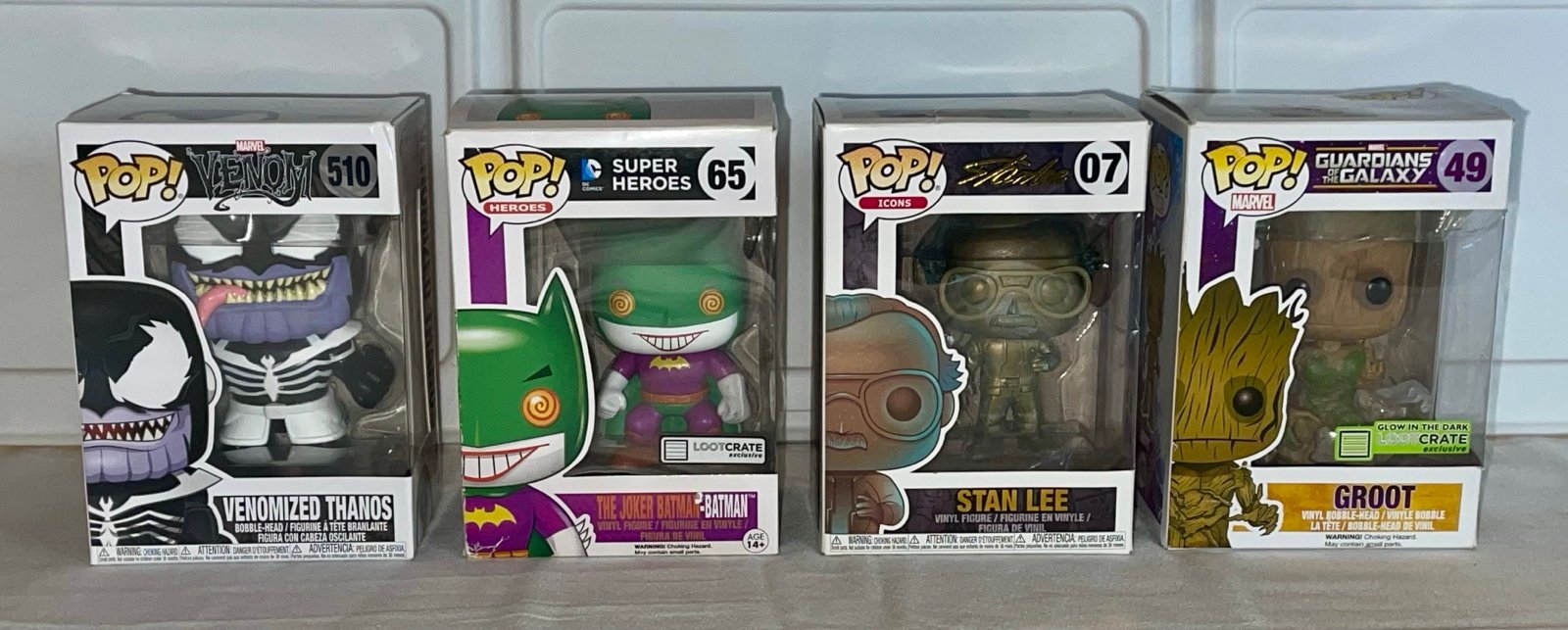 Funko Pop Lot of 4 (Various HTF Figures) Stan Lee, Joker Batman, Groot, Etc…