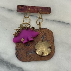 Handmade purple Dino solid copper brutalist abstract brooch