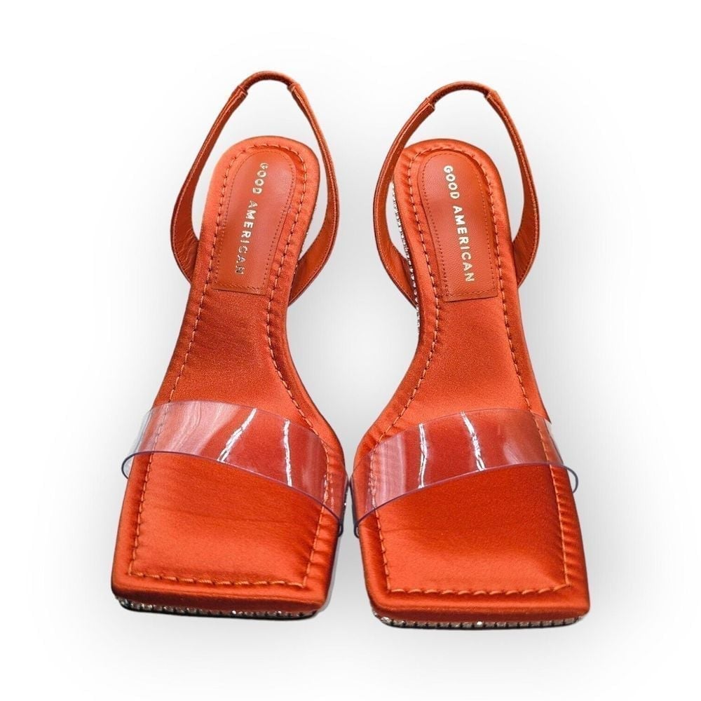NEW Good American Orange Crystal Crush Lucite Rhinestone Stiletto Sandal SZ 6.5