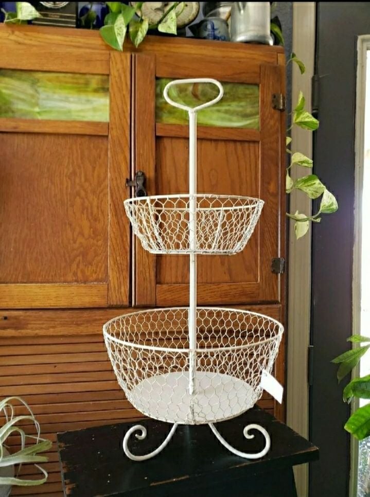 Farmhouse vintage style chicken wire 2 tiered basket