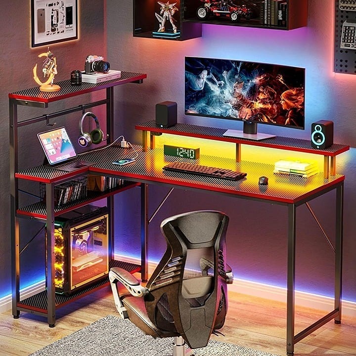 Gaming Desk with Power Outlet and LED Light, Reversible Small Desklt Max 20V Bat