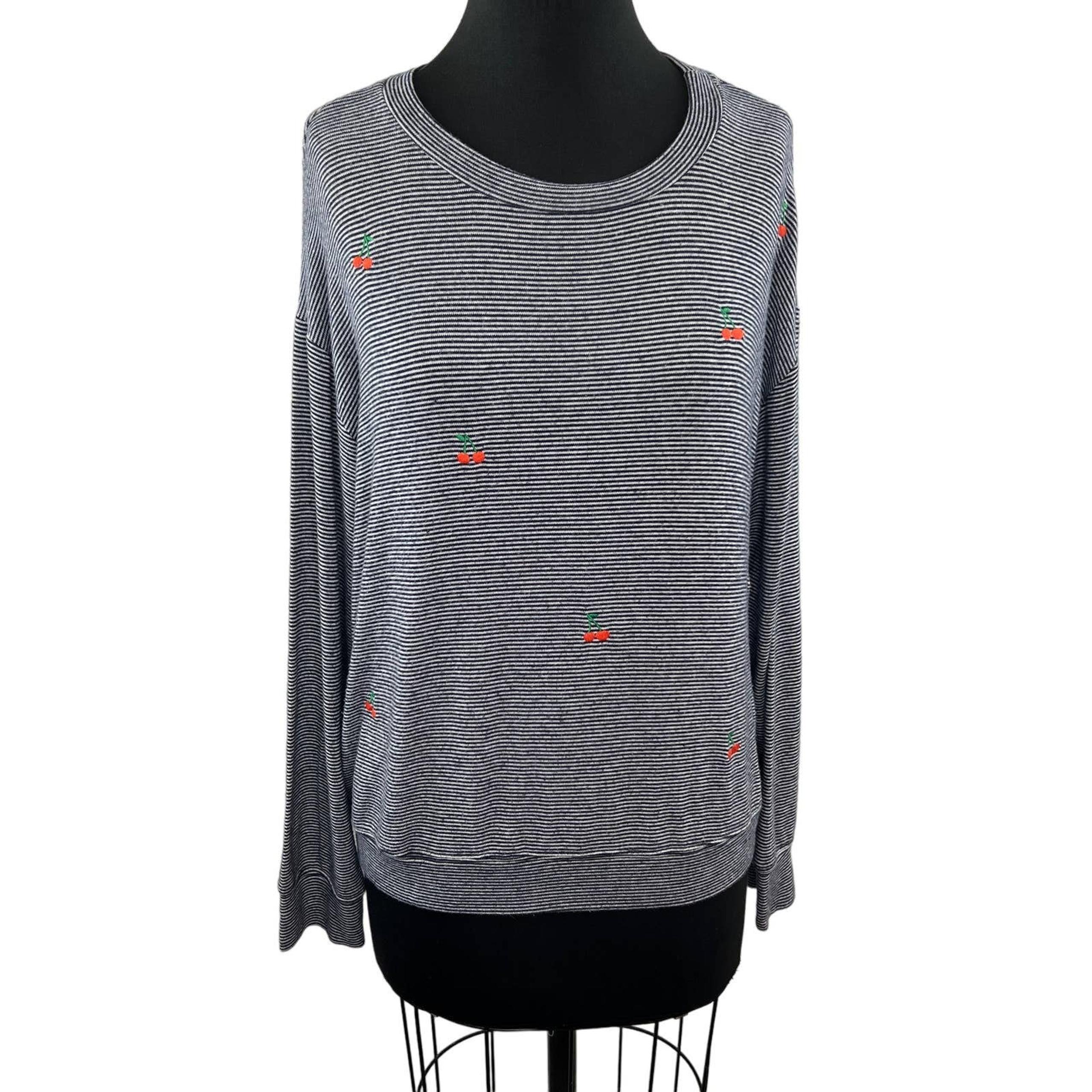 SUNDRY Blue White Stripe Embroidered Cherries Crew Neck Long Sleeve Knit Top 3 L