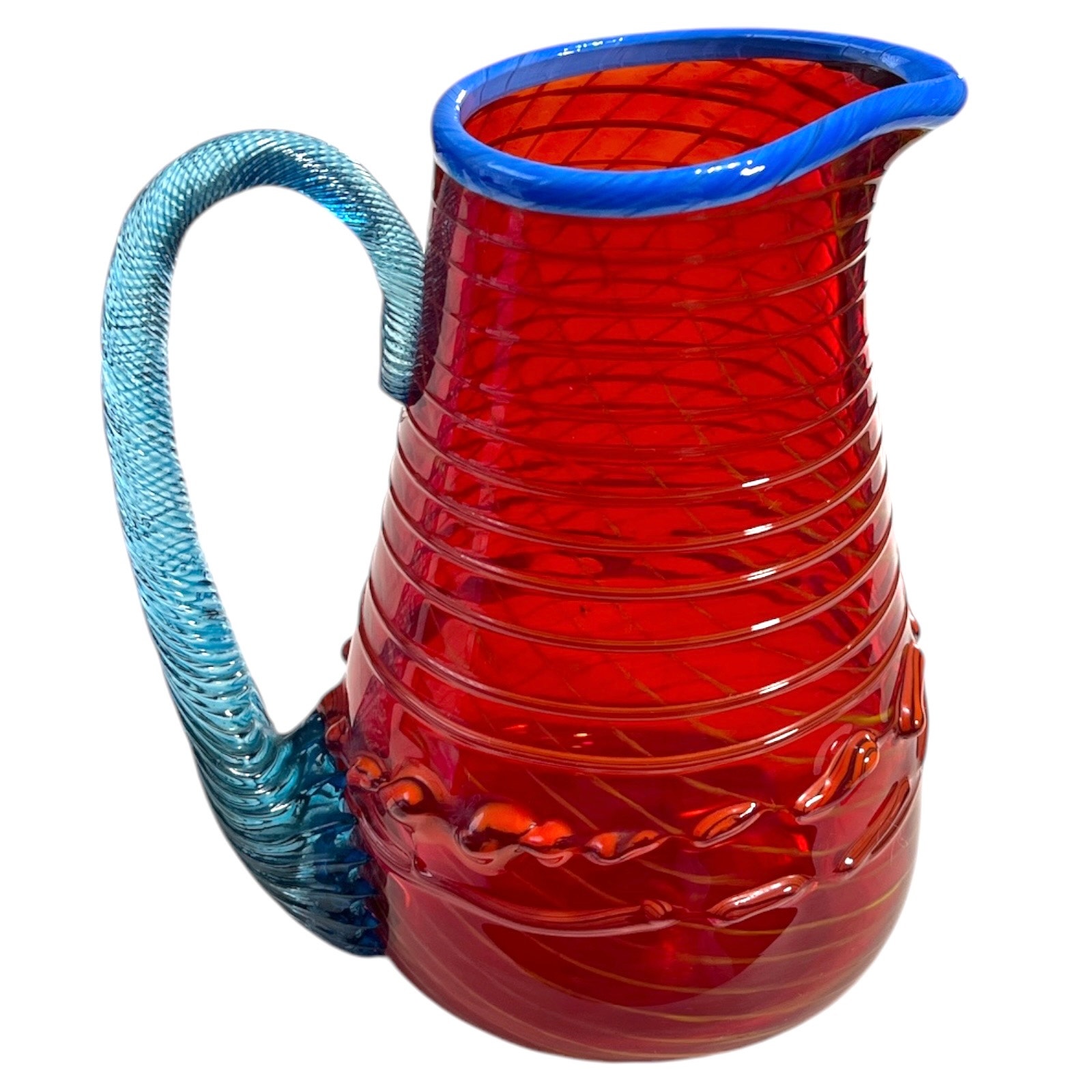 Peter Secrest Glass Pitcher Signed 2002 Red Blue Swirl Pattern Blown Glass Rare