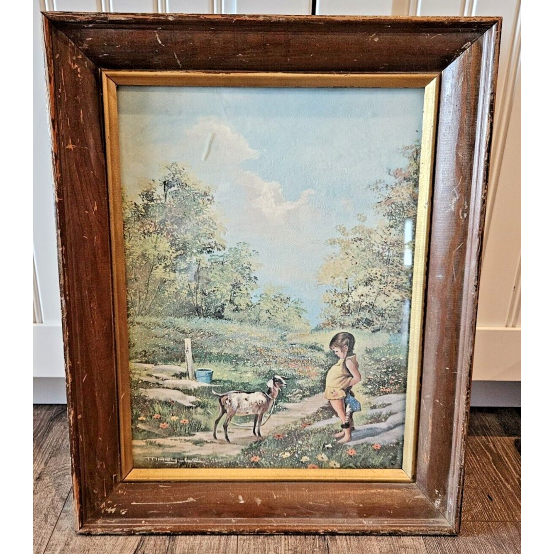 Rare Vintage Girl and Goat Framed Litho Print 1970's Scafa-Tornabene Marylle