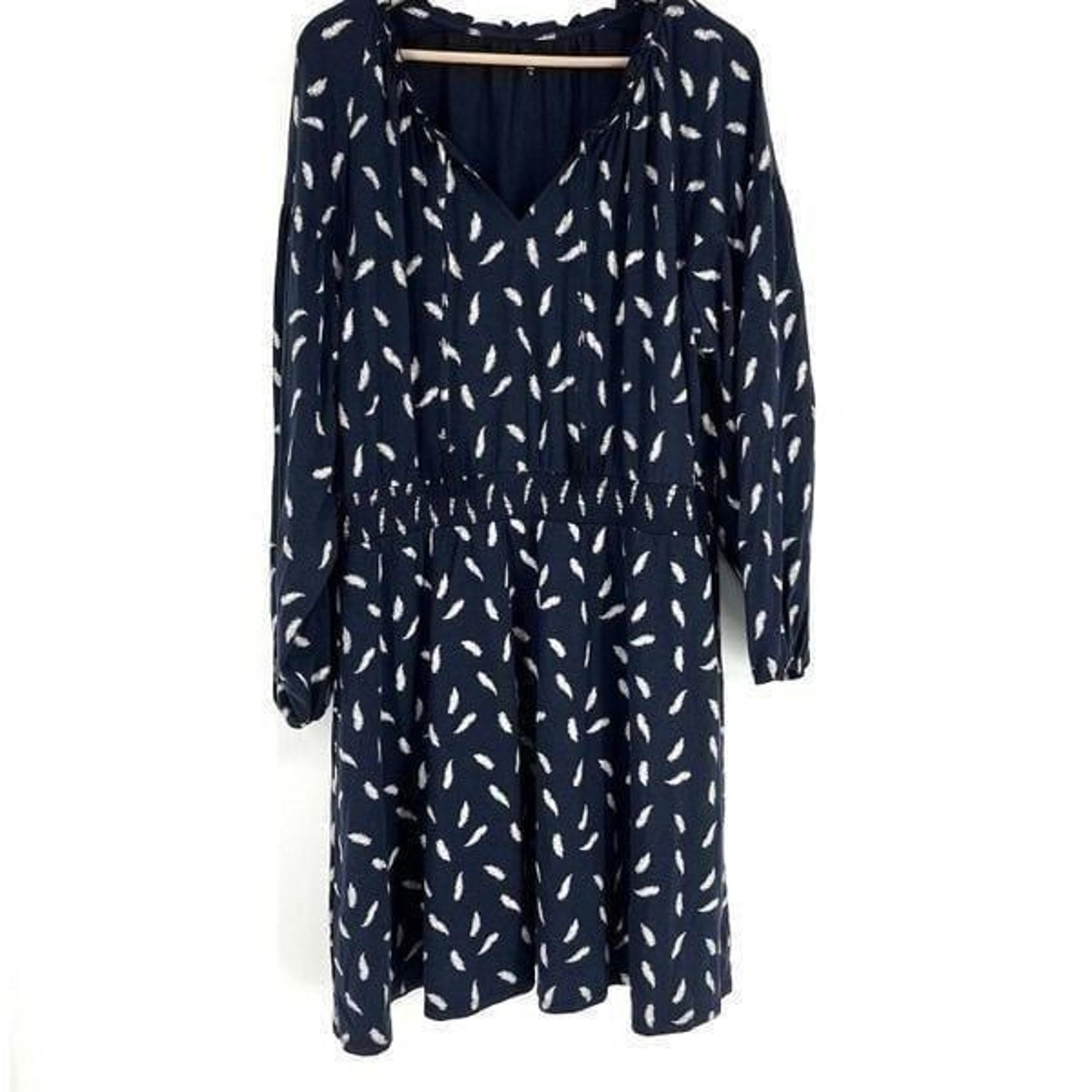 Garnet Hill Dress Size XL Navy Feather Print Boho Tassels Smocked Waist V Neck