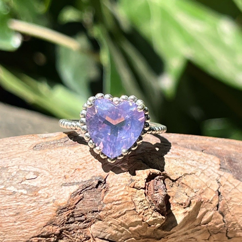 Sterling silver adjustable purple rose quartz heart ring