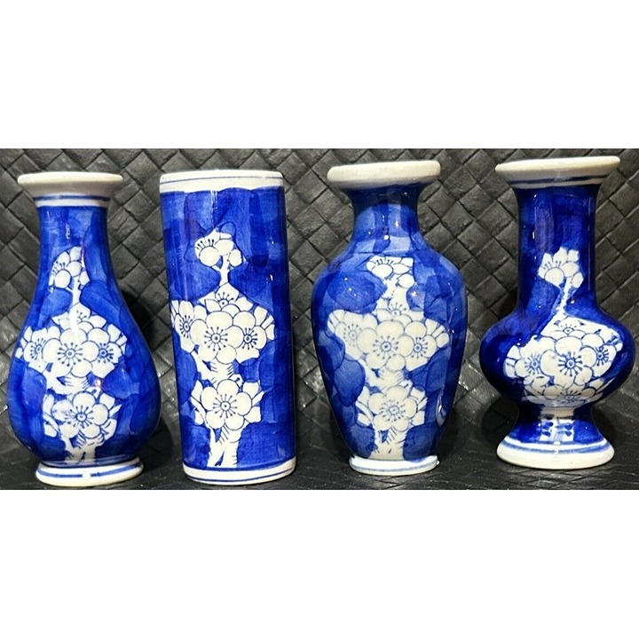 Set Of Four Chinese Bud Vases Handpainted Apple Blossoms White And Blue EUC