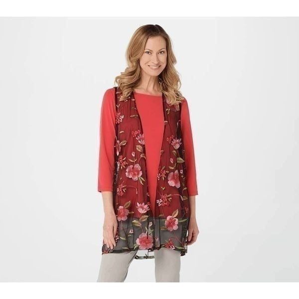 GRAVER Susan Graver 3X Embroidered Mesh Vest & Liquid Knit Top Coral Rose NWT