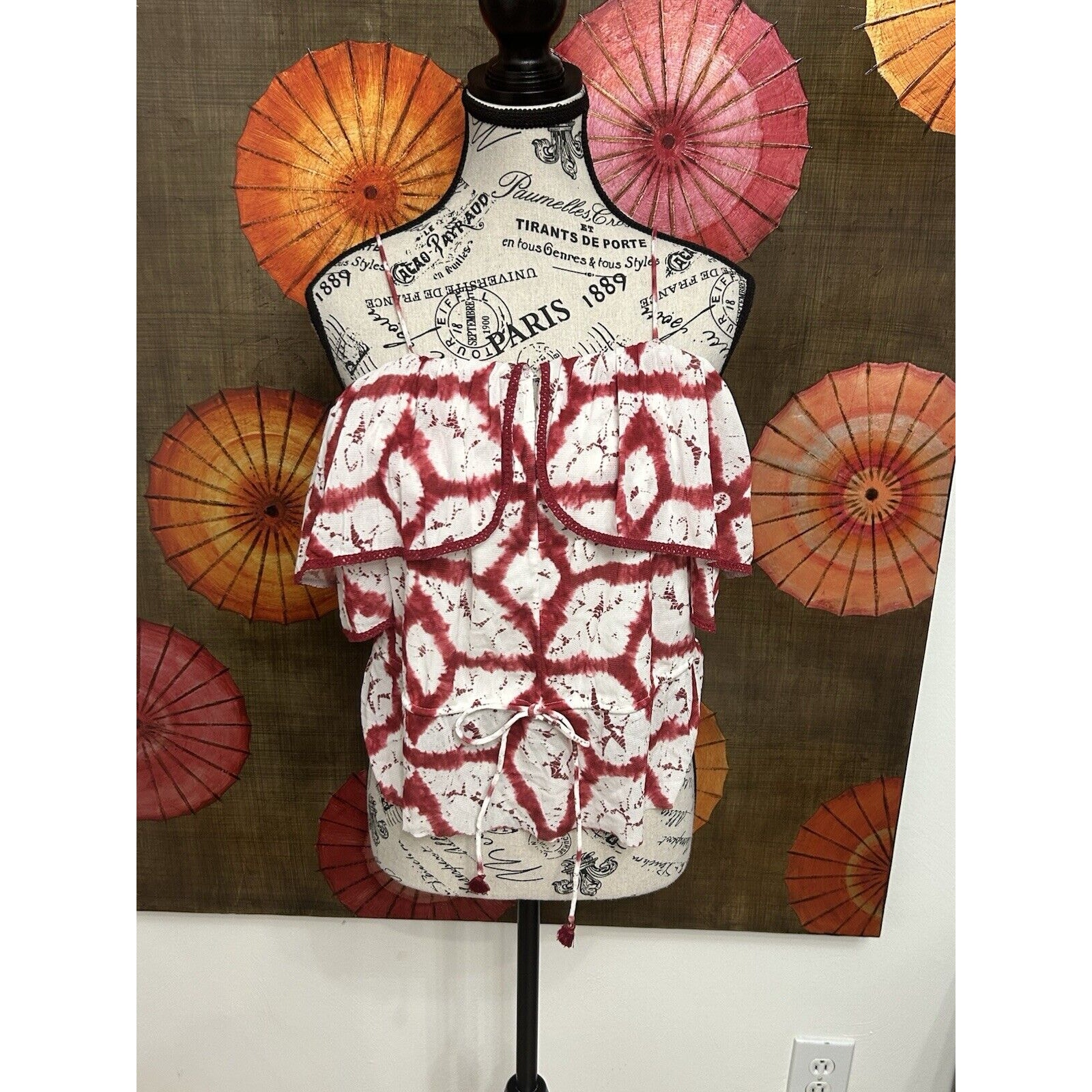 Vintage 90s Vivienne Tam Burgundy Off Shoulder Chiffon Top Rare Find Y2K Sz S