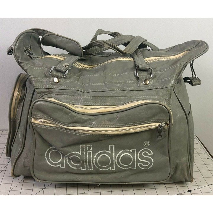 VINTAGE ADIDAS Faux Leather Gray/Grey Sports Bag 1970's Retro~~ *B20#13*