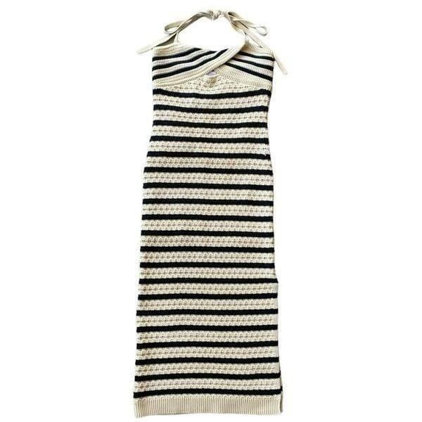 House Of Harlow Black & Cream Crochet Striped Halter Midi Dress NWT Size Small
