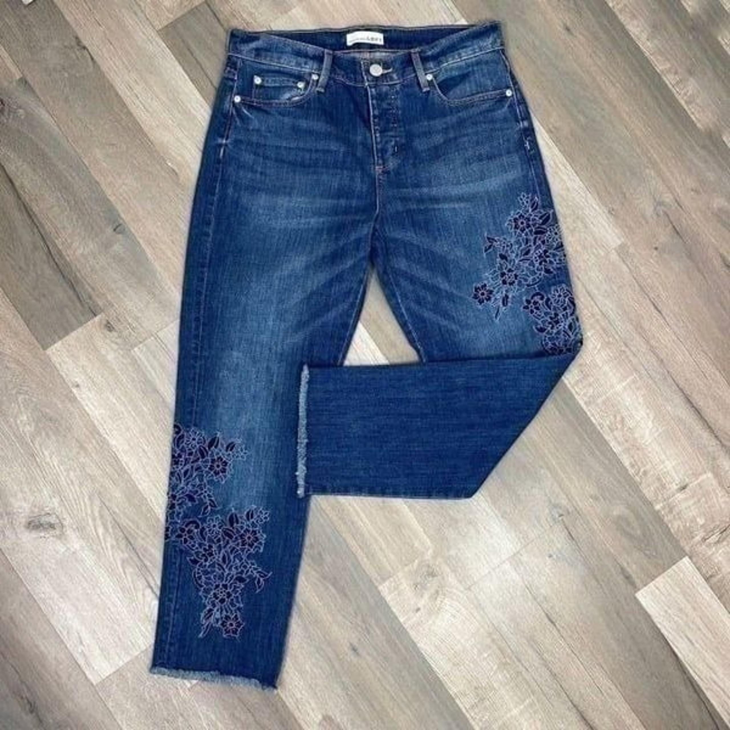 Loft Floral Embroidered Boyfriend Jeans Cropped Raw Hem Blue 4 27
