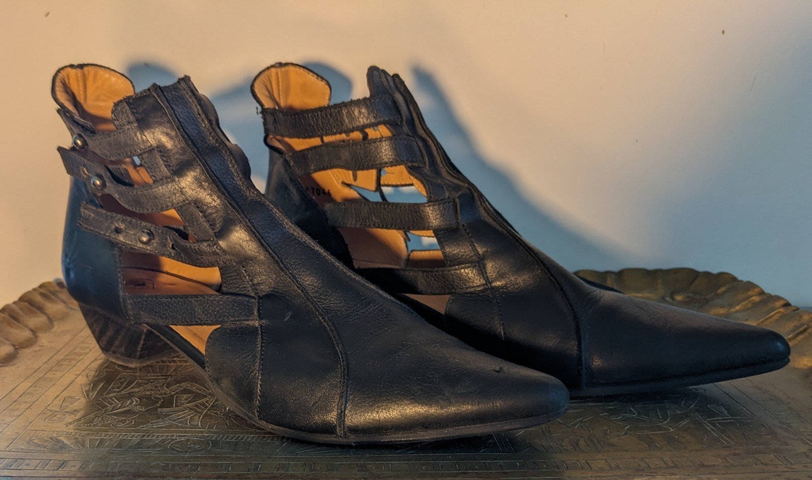 John Fluevog, three strap shoes. Black, size 7.5 or 38. Cute heel.