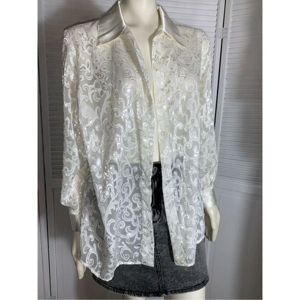 NWT Vintage Cream Sheer Satin Lace Oversized Button Down Blouse XL