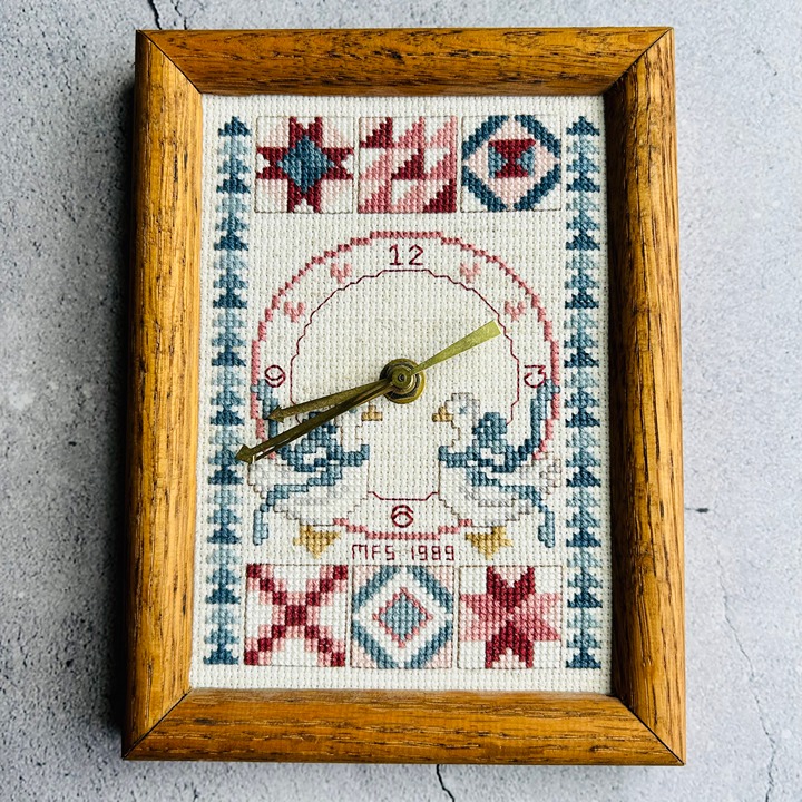 Needlepoint Stitchery Clock Goose Design Framed Wall Hanging As Is 1989
